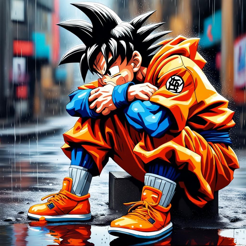Goku sitting on sidewalk sad in rain