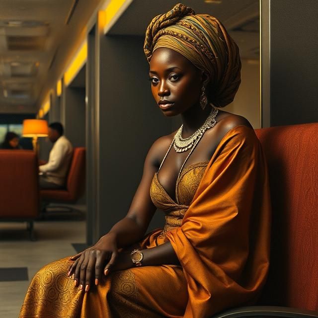 BLACK GHANAIAN FEMALE DRESSED IN A KENTE KABA AND SLIT EVENING GOWN AND ACCENTUATED WITH A KENTE HEADWRAP SITTING IN AN ...