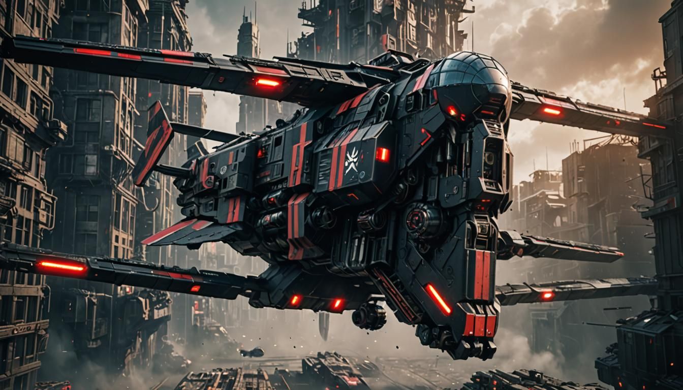 Gunship.Massive.Dystopian.Armed, Sci-fi.Black colors with re...