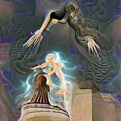 A goddess reaching down to contact a mortal