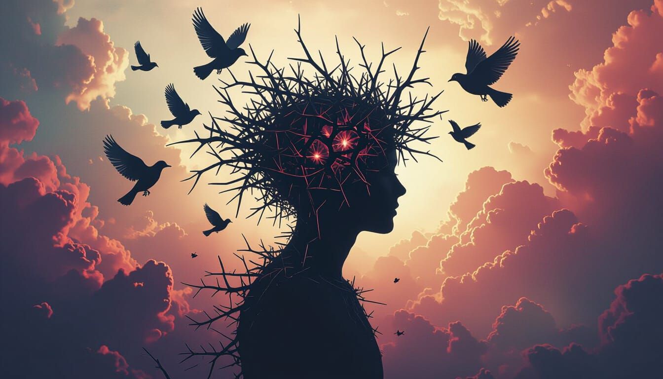 Create illustration for Create surreal illustration for • Thorns and Illusions – A human silhouette with a head full of thorns that transfor...