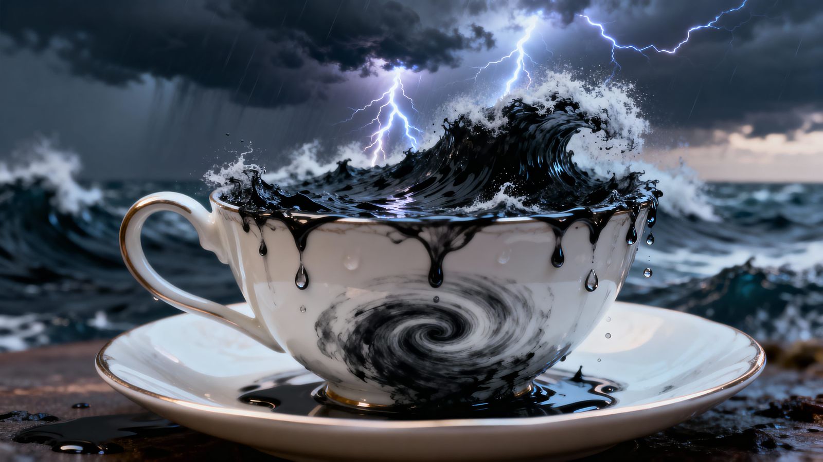 Ultra-detailed surreal artwork of a porcelain teacup holding an entire miniature ocean storm. Inside ...  by @Dan Jones