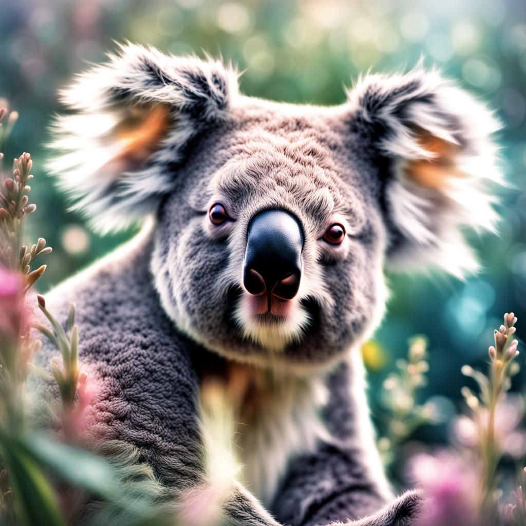 koala bear
 closeup, Digital Illustration of a flower meadow...