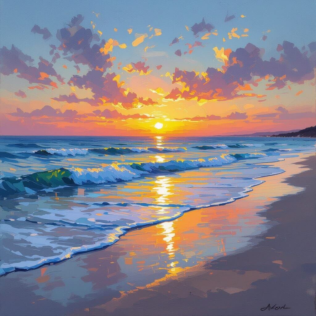 Serene Beach Sunset in Impressionist Oil Painting Style