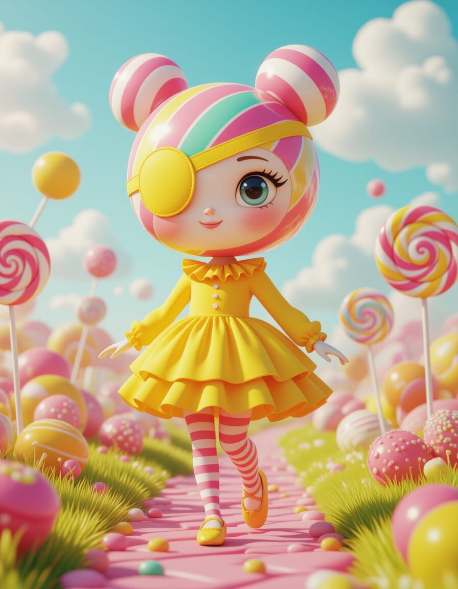 Female candy cartoon character with yellow eyepatch and dress walks through a sweet candy world