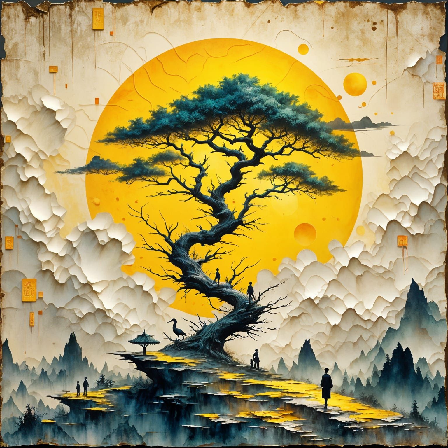 Muted Chinese Ink Painting of Ancient Tree