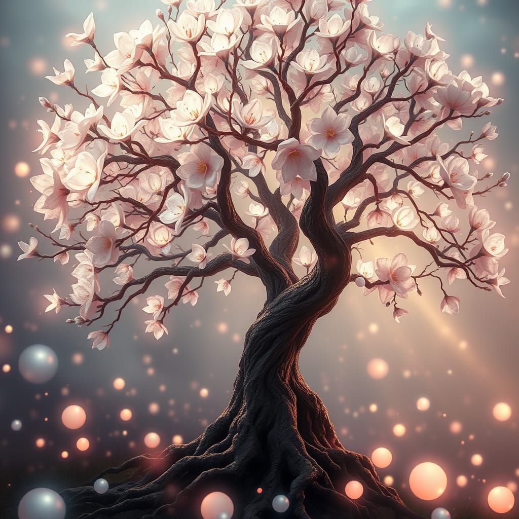 Surreal Magical Tree with Radiant Flowers in Ethereal Landsc...