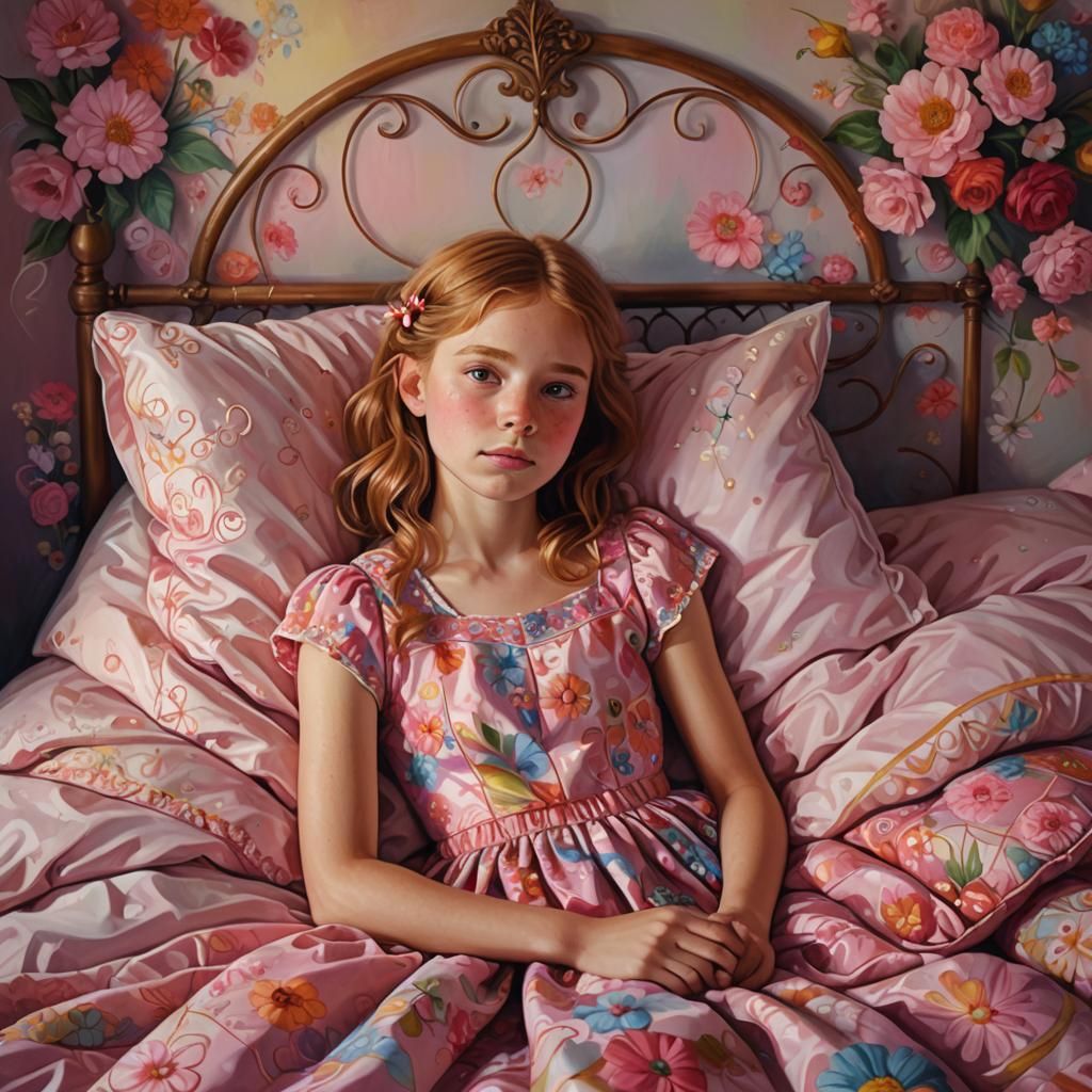 Red-Haired Girl in Floral Dress, Art Nouveau Style