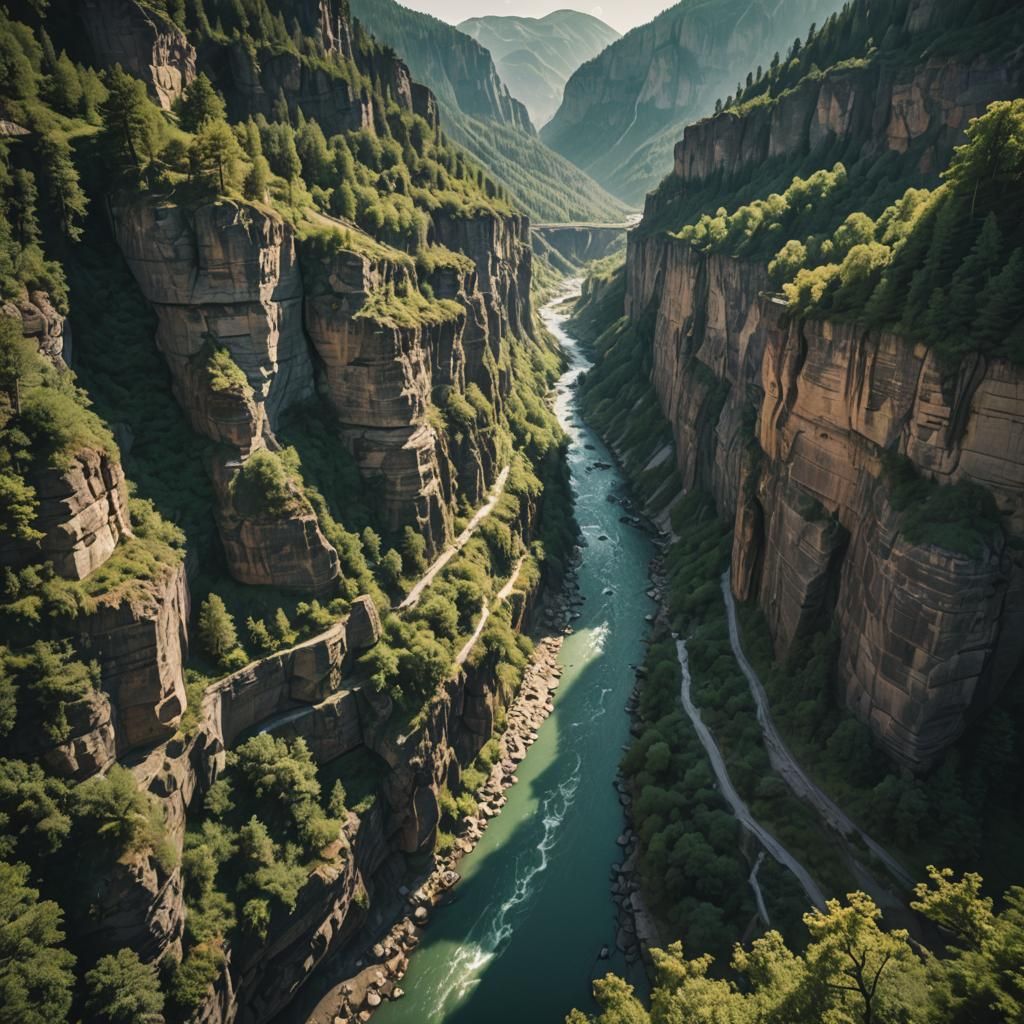 a forest mountain canyon city and the river in canyon