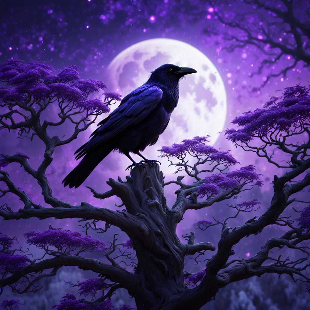 view of a crow on top of a tree, epic fantasy style, purple ...