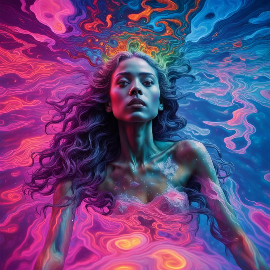 An ethereal goddess submerged in a psychedelic dream, neon lights, kaleidoscopic effects, floating in a sea of melting colors, inspired by A...