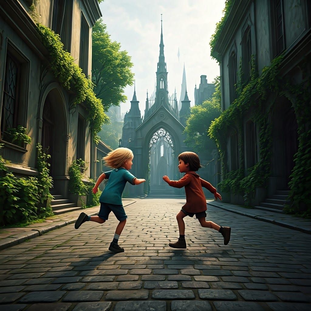 Whimsical Children Collide in a Fantastical Street Scene