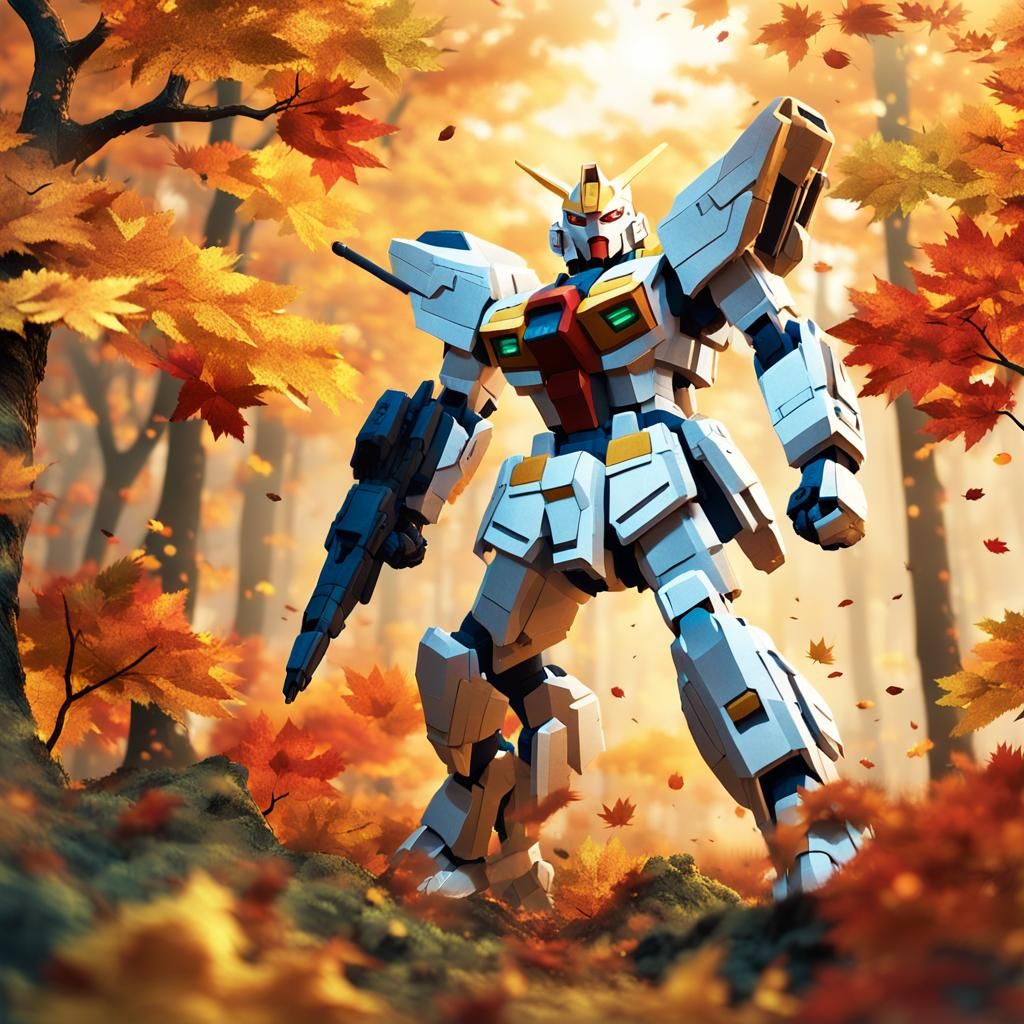 papercraft, semi realistic, fall inspired, gundam flying action pose, lots of layers, long draw distance, explosions mad...