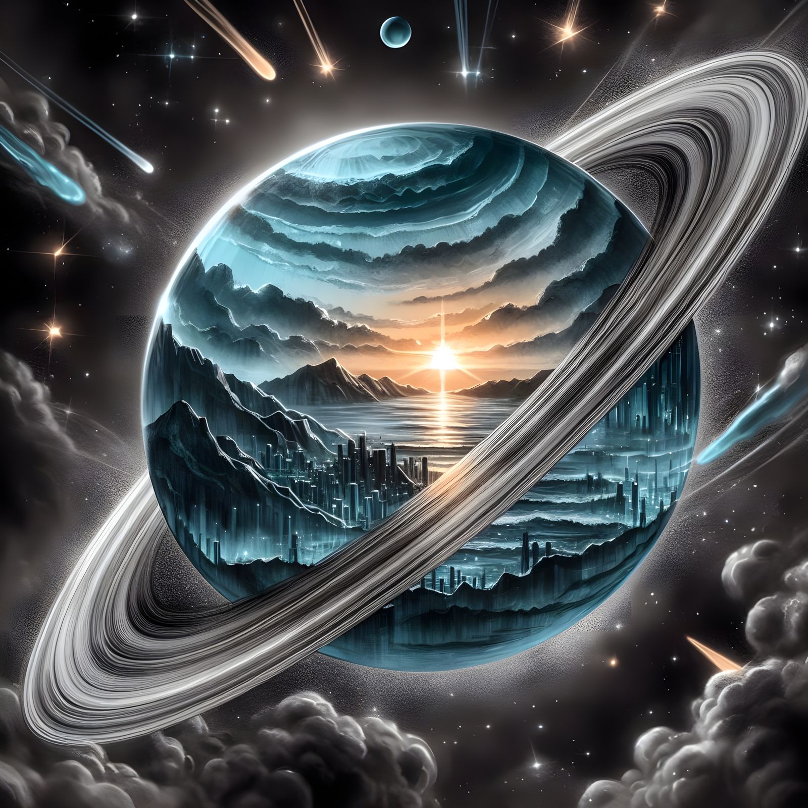 Saturn with Ocean and a City