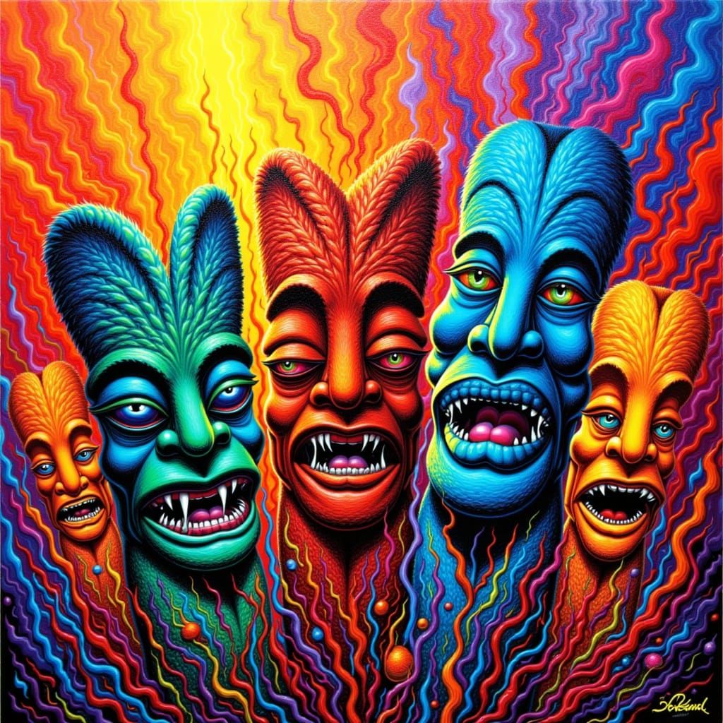 Close-up view of abstract tiki figures, their forms dissolving within a chaotic explosion of pure, unadulterated color radiating outwards fr...