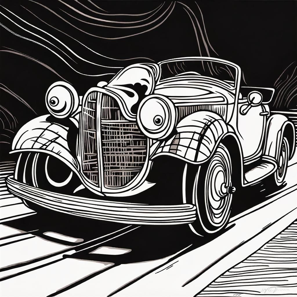 scratch art cartoon mouse driving a convertible; outlines, l...