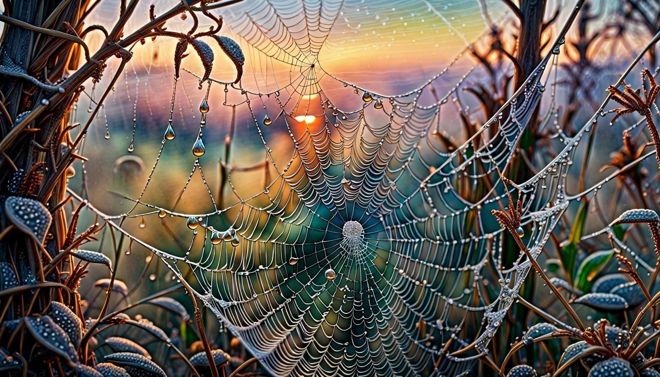 Spider's web in the morning dew  by @Crystalline