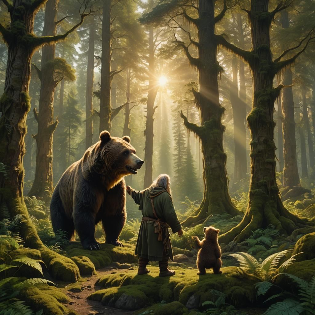 an old druid in the forest feeds a huge bear from his hands. in the distance a house. mushrooms sunbeams break through the foliage