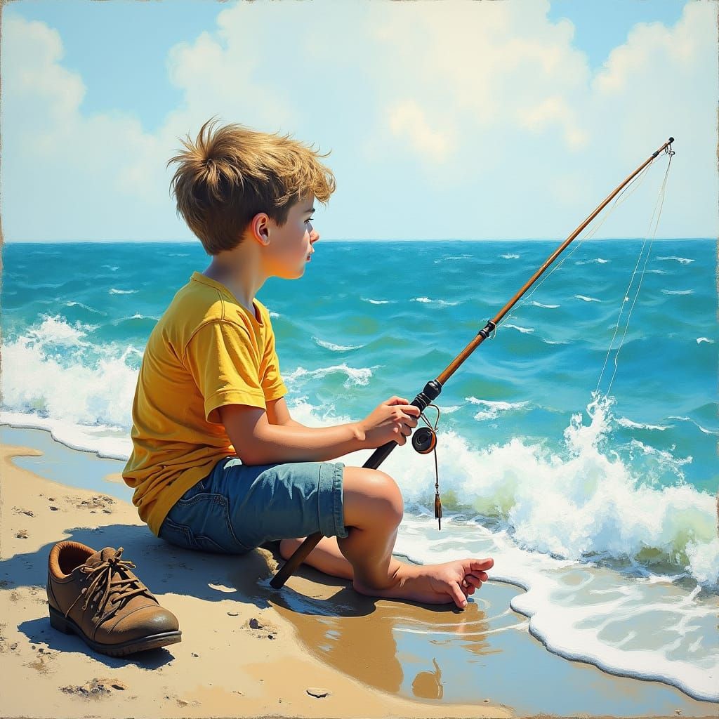 Boy Fishing by the Sea as Gouache Art