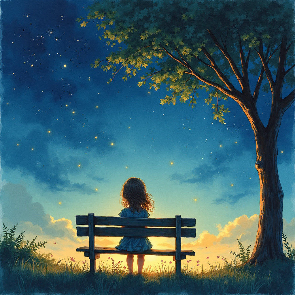 Girl on Bench with Fireflies, Watercolor Painting