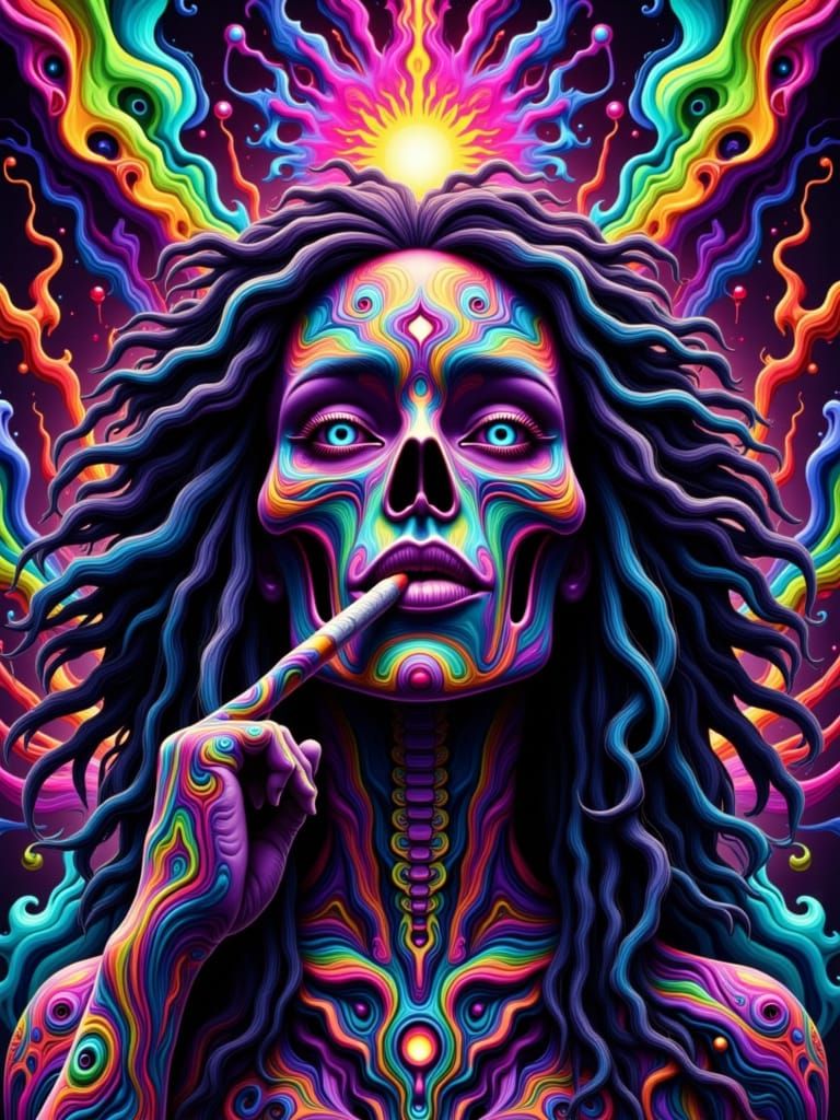 Psychedelic Skull Woman Smoking Joint in Kaleidoscope