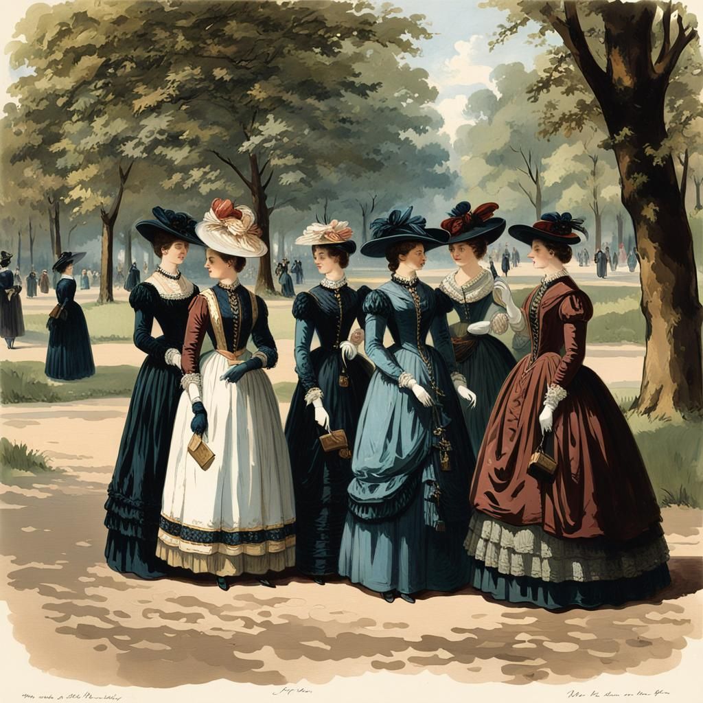 Noble Women from the 19th century in a park.