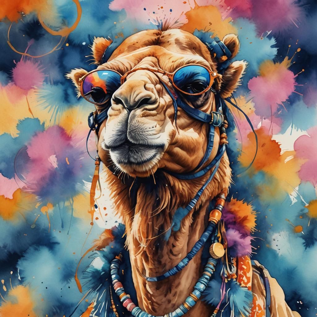 Camel in Sunglasses: Vibrant Watercolor Splash Art
