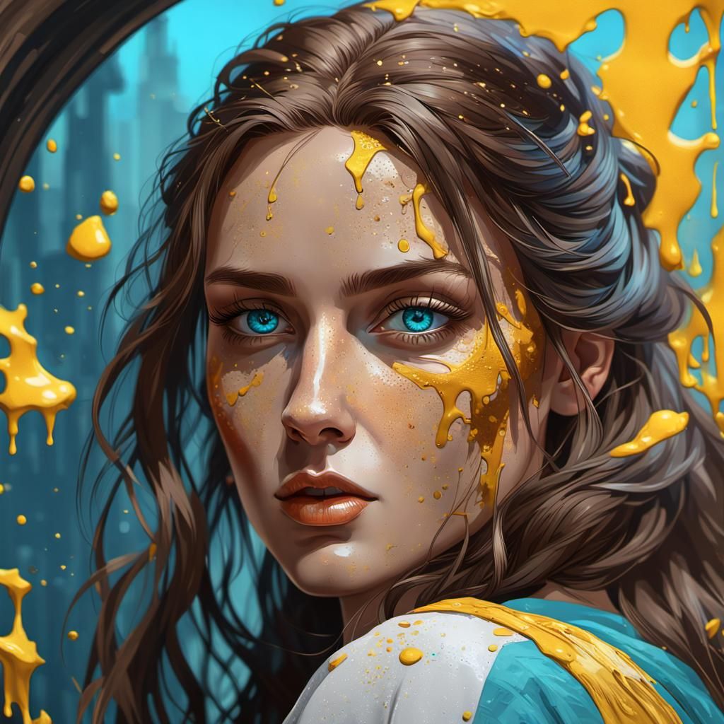 A beautiful painting of a girl with blue eyes and brown hair...
