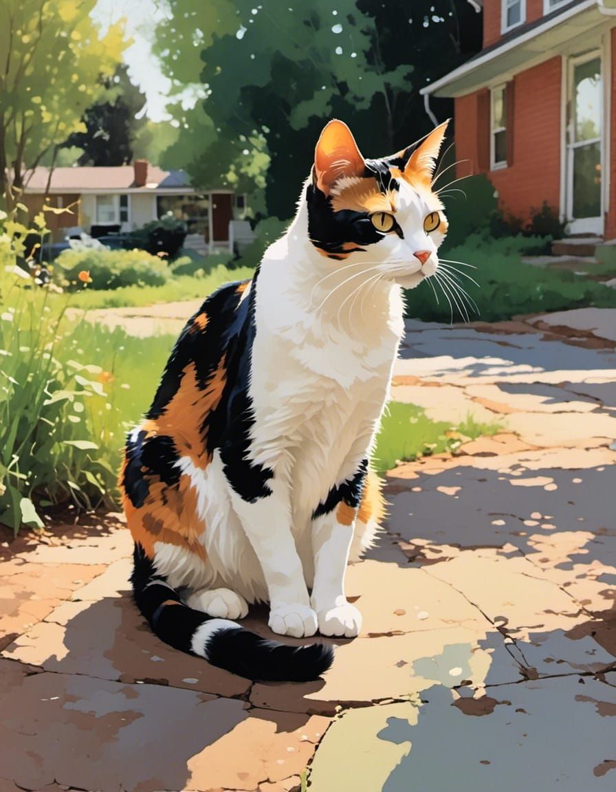 <lora:Liminal Lacquer:1.0> 8k, expressive and gestural full-body depiction of a calico cat outdoors in a suburban setting...