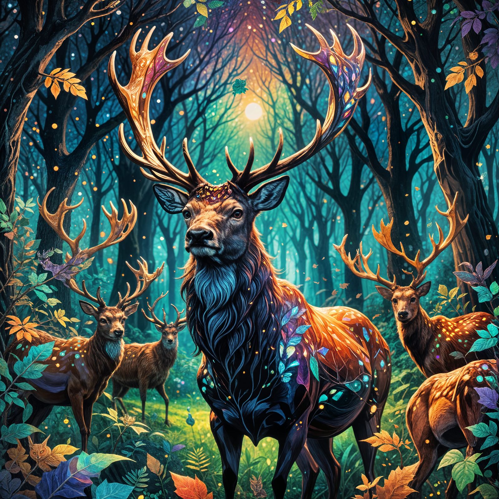 Magical Forest Council Led by Stag, Astral Illustration