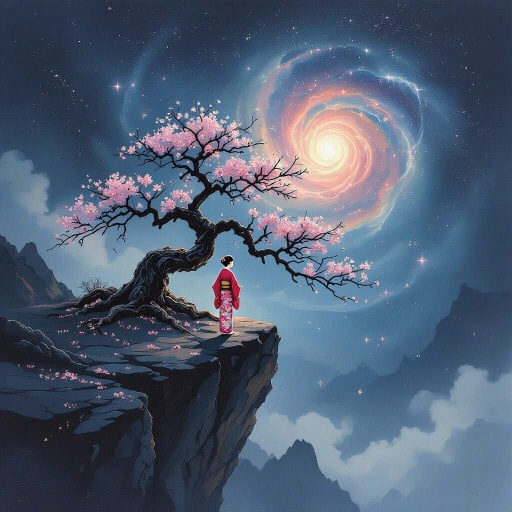 A solitary, ancient bonsai Sakura tree perched precariously on a jagged cliff edge overlooking a swirling nebula. The gnarled branches reach...
