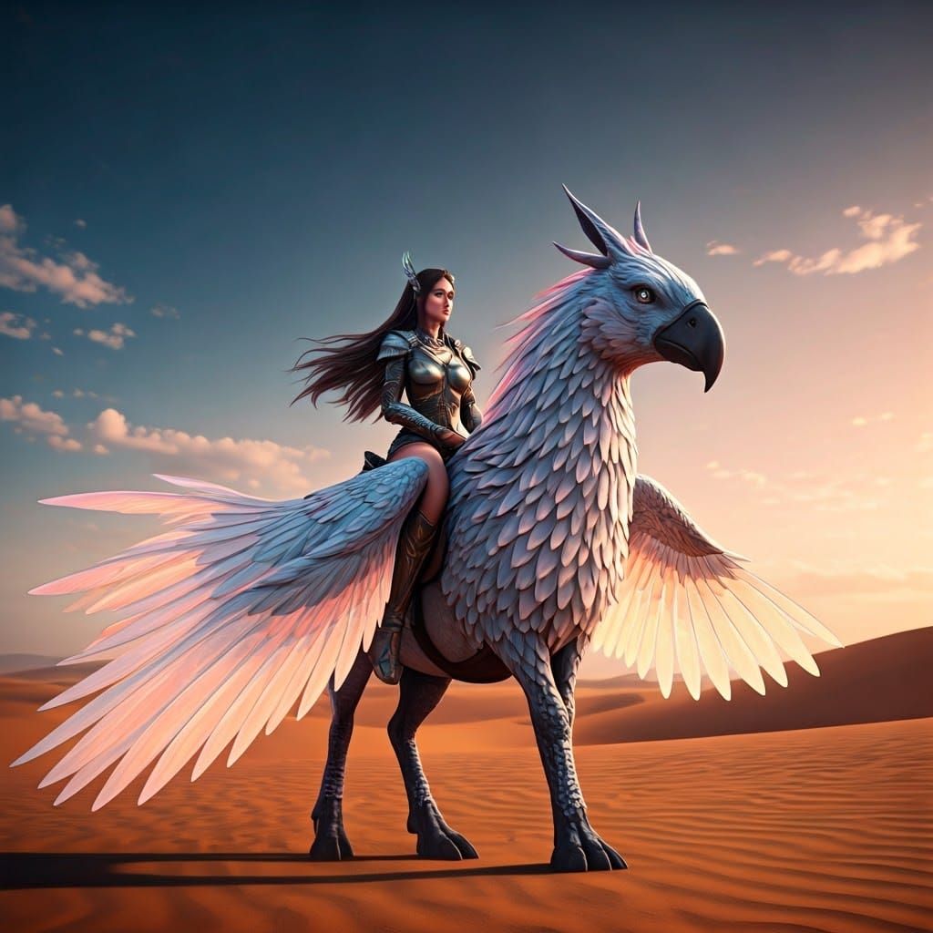 Homokviharban egy lány Pegazuson lovagol 3D Game Cinematic Feel, Epic 3D Videogame Graphics, Intricately Detailed, 8K Resolution, Dynamic Li...