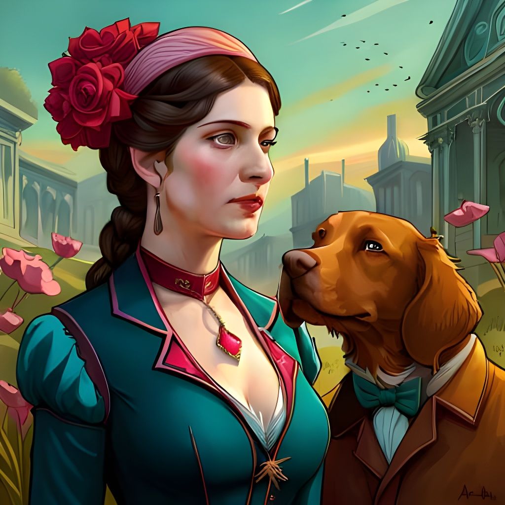 Victorian woman and dog wearing a suit
