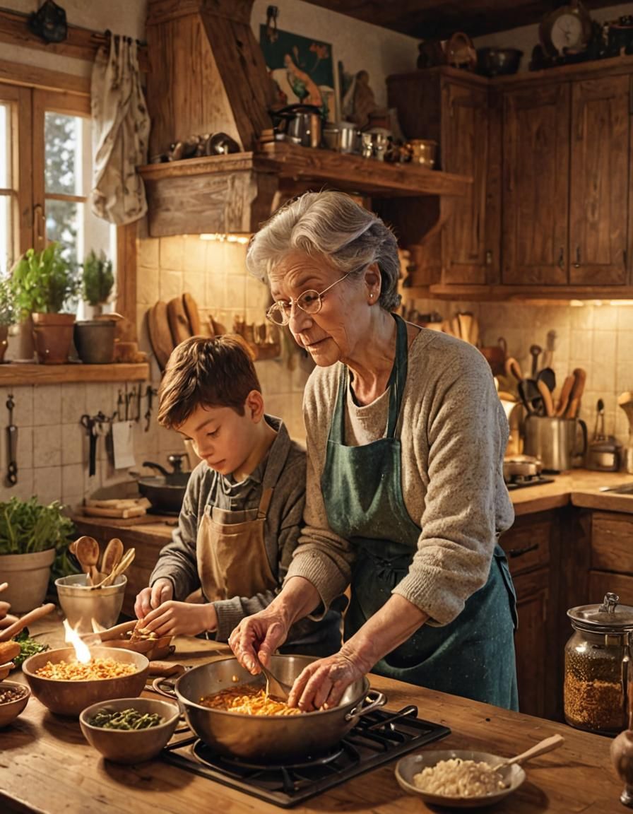 A wise grandmother teaching her grandson to cook