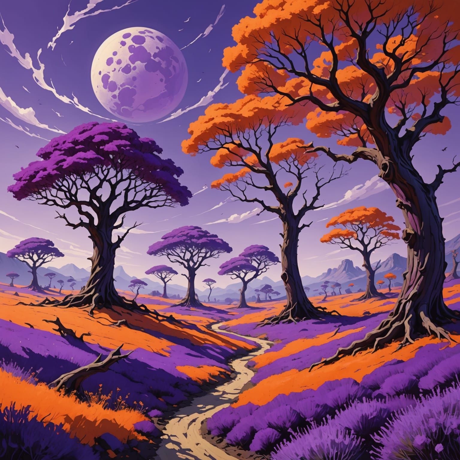 A surreal landscape bathed in the vibrant hues of purple  and orange  by @P J