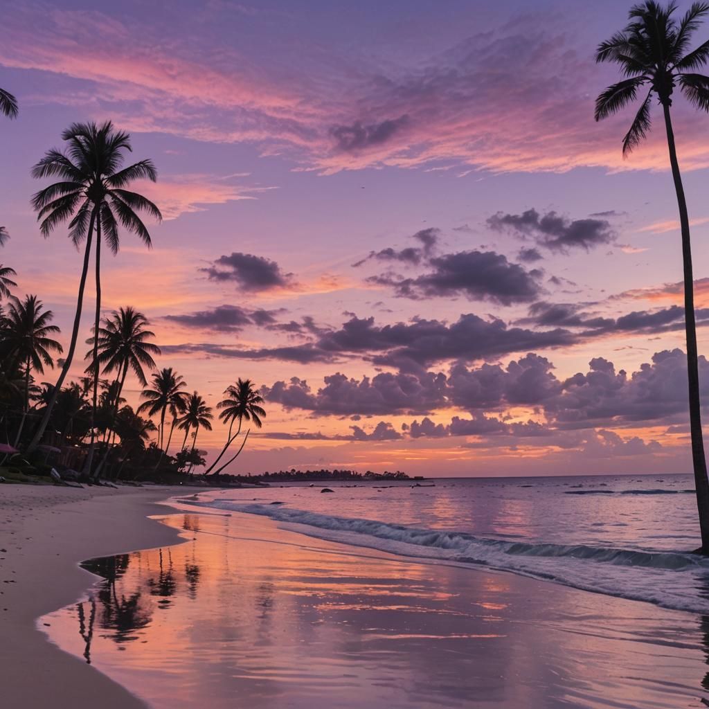 beach with purple and pink   orange sunset with  swimming in...