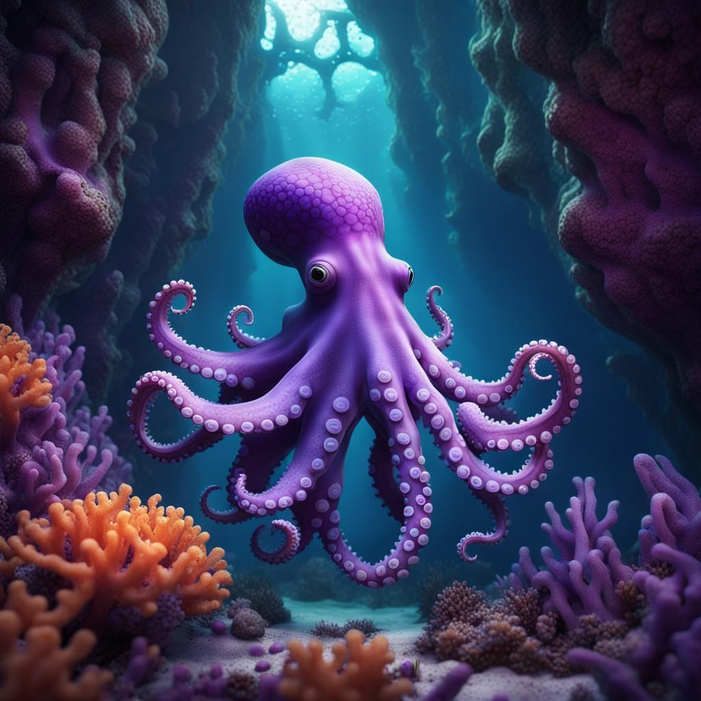 purple octopus underwater in a coral cave