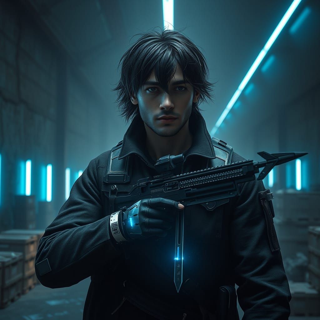 Cyberpunk Soldier with Sniper Bow in Warehouse