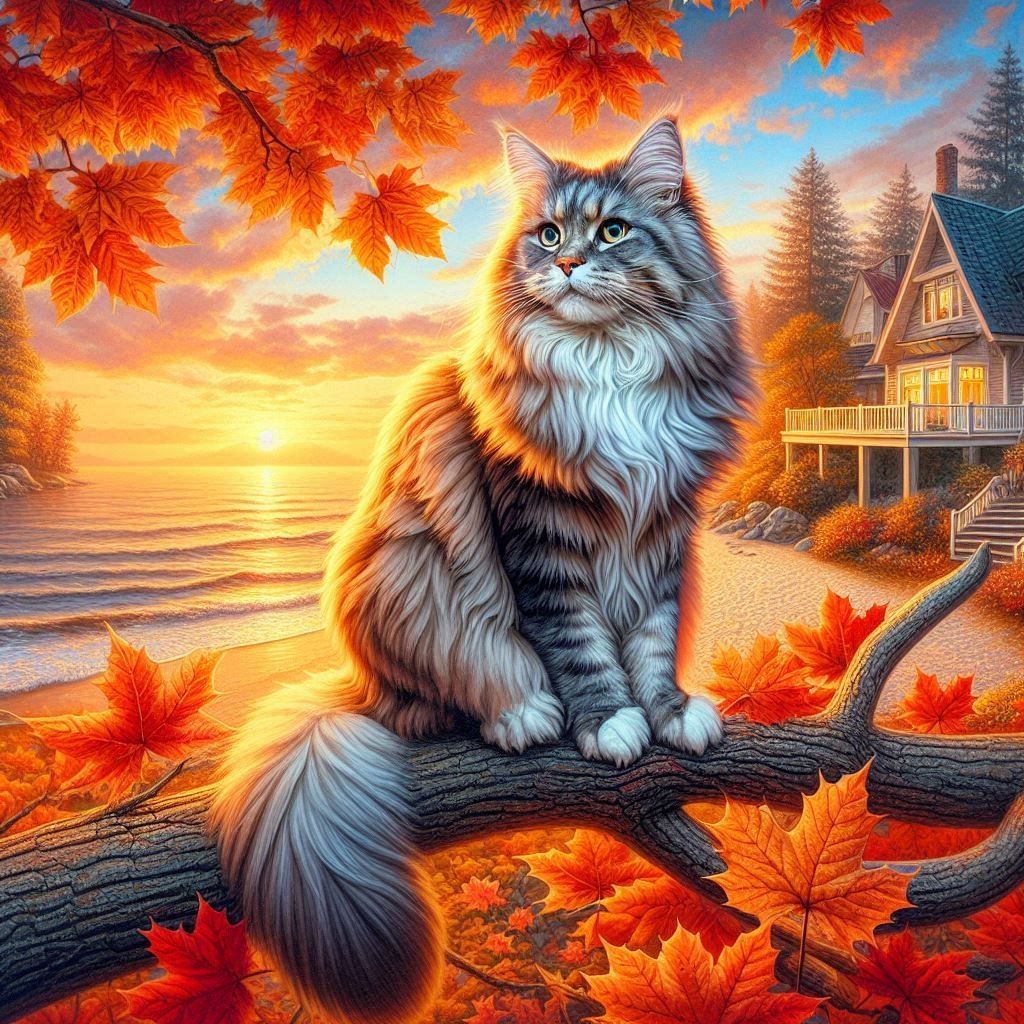 long-haired fluffy cat, fall season
