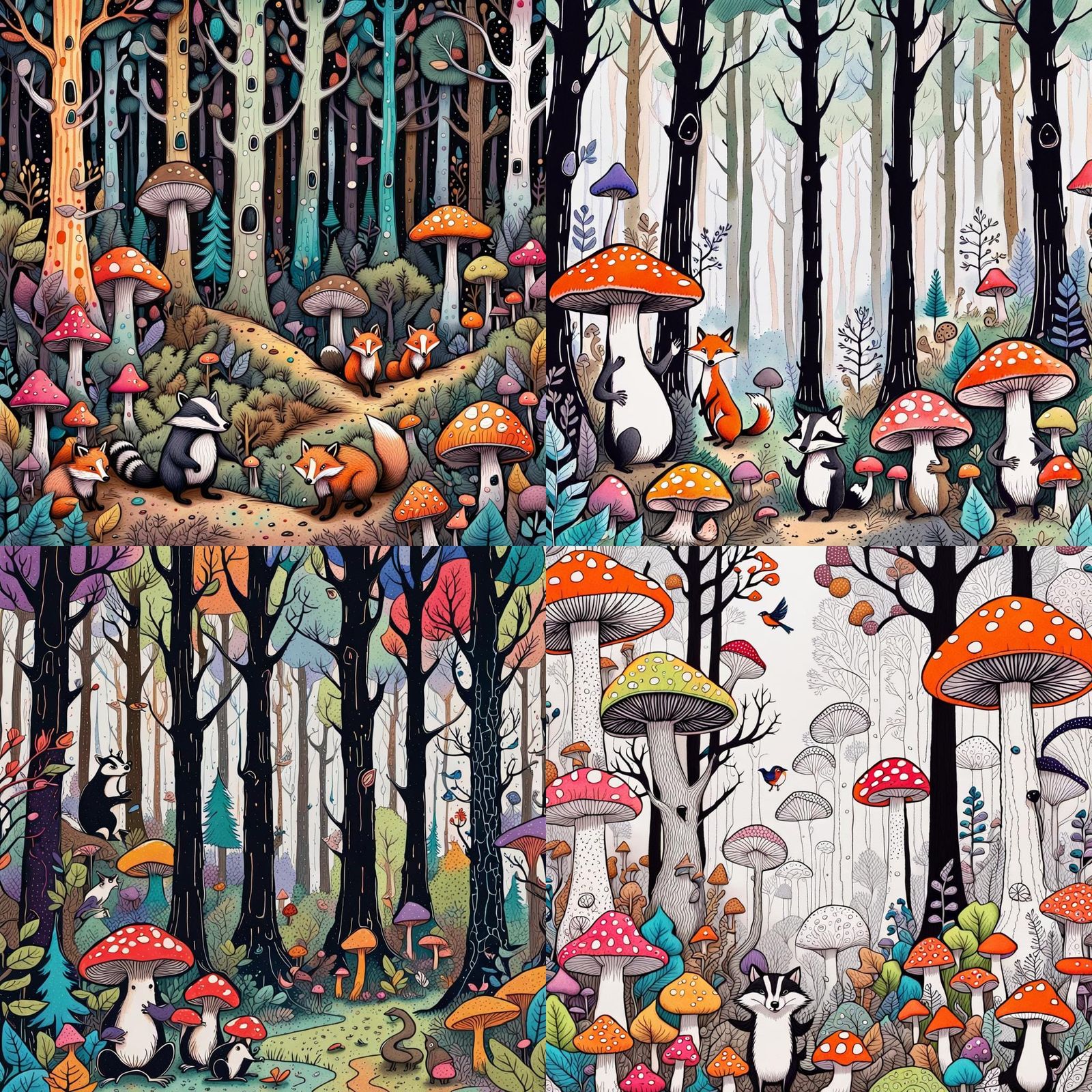 A doodle of a forest on lined paper. There are tall trees, badgers, foxes and birds, mushrooms. doodle art, children's i...