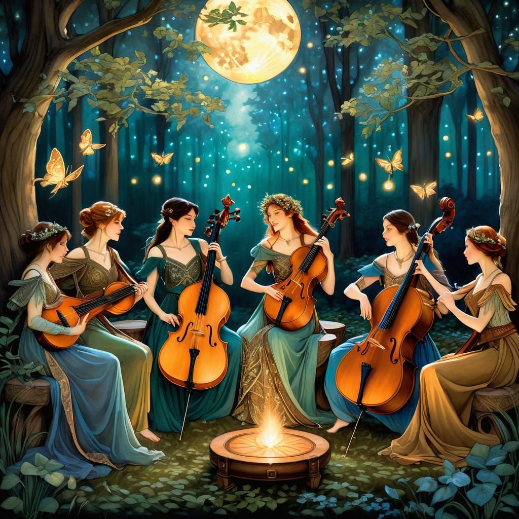 Orchestra of half-elf Bards playing musical insturments   by @HereditaryWarlord