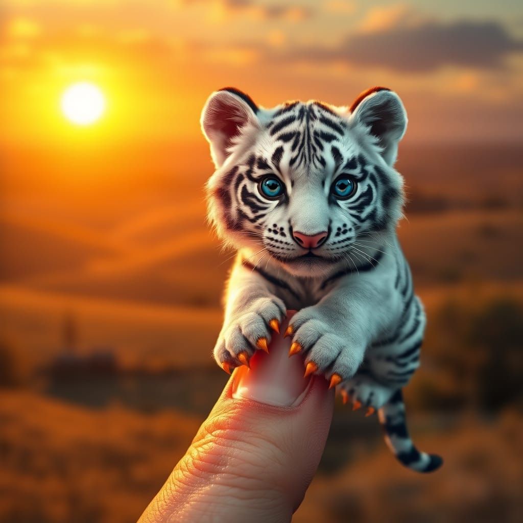 Snowy Tiger Perches on Human Finger in Idyllic Landscape