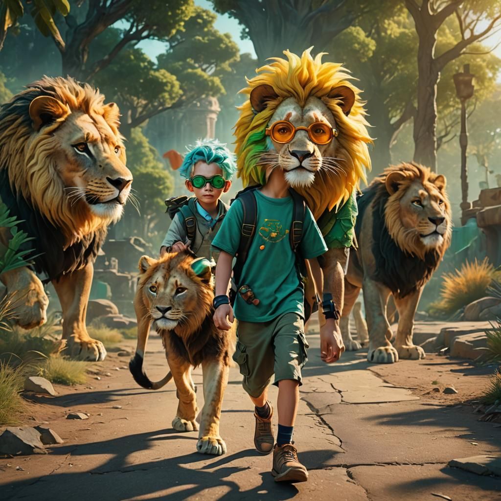 Whimsical Boy and Lion in Detailed Fantasy Art