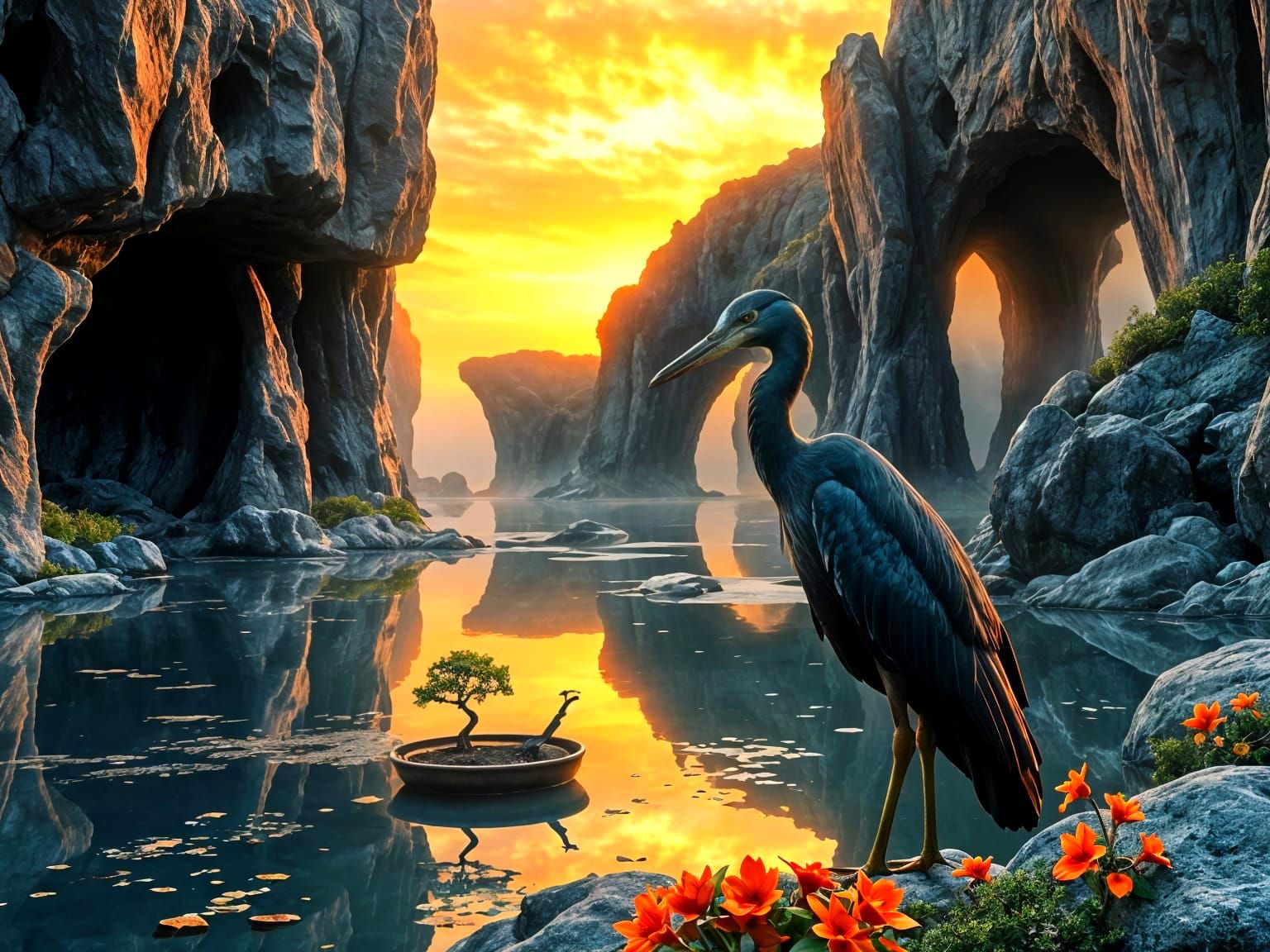 A black heron in Dragon cove  by @Tiny Pearl Cat