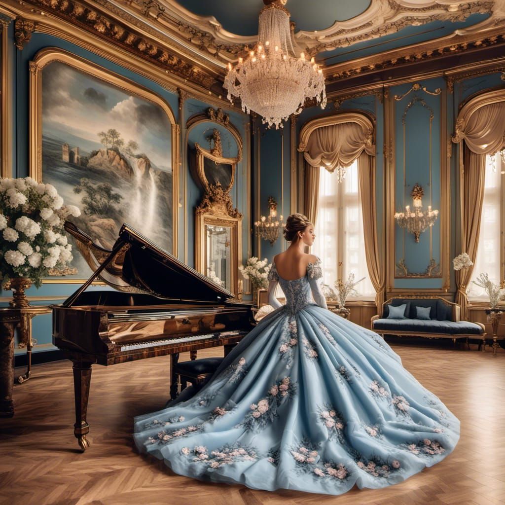 <lora:Victorian Modesty:1.0> <lora:ANTONIA:1.0> Beautiful woman w/dark upswept hair w/flowers in hair and wearing a beautiful blue victoraia...