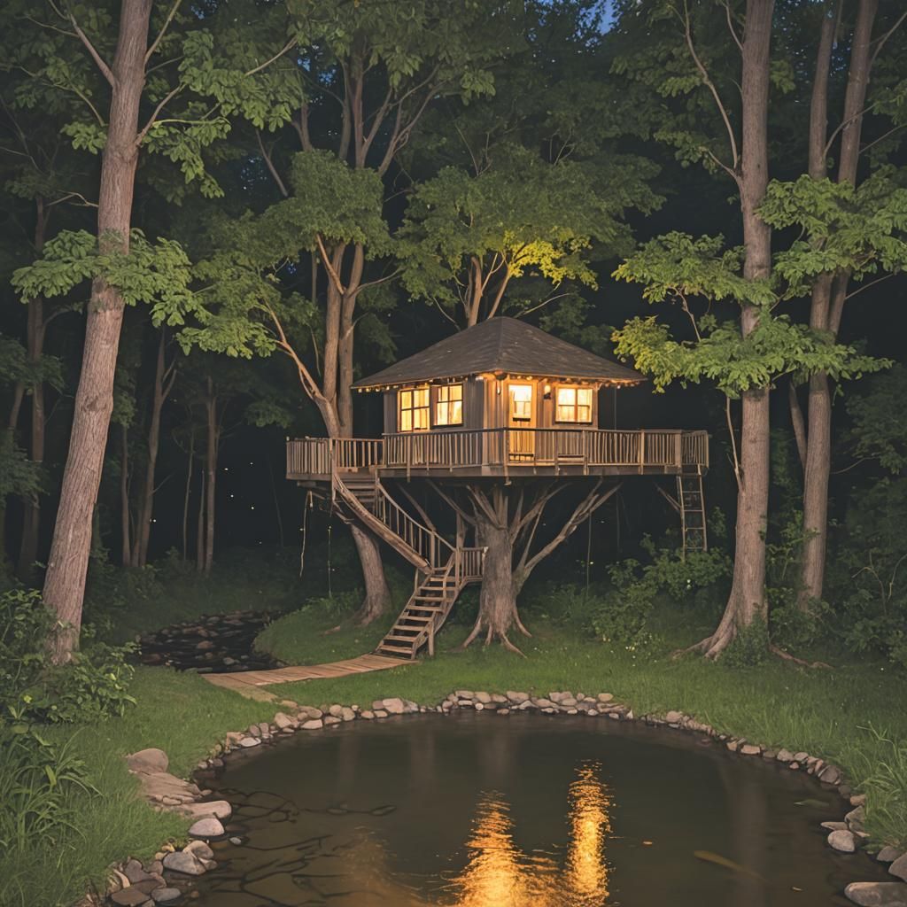 Tree house next to a small stream where fireflies light up t...