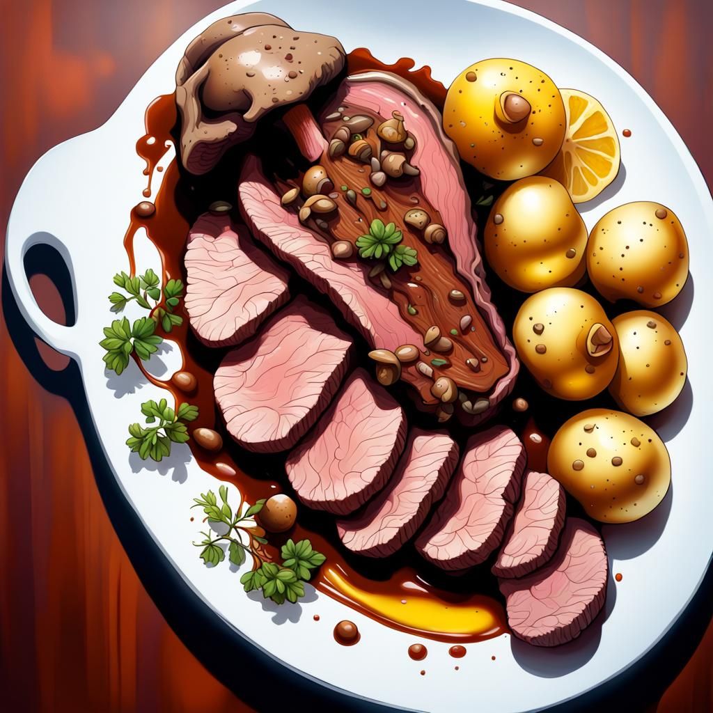 Boiled beef tongue with Madeira sauce and mushrooms and boil...
