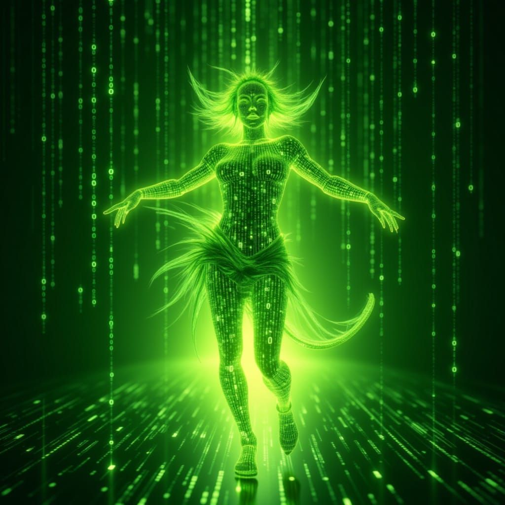 A Glitchcore image with a background depicting a Binary code dream. Visible in the scene is a double exposure of a transparent bioluminescen...