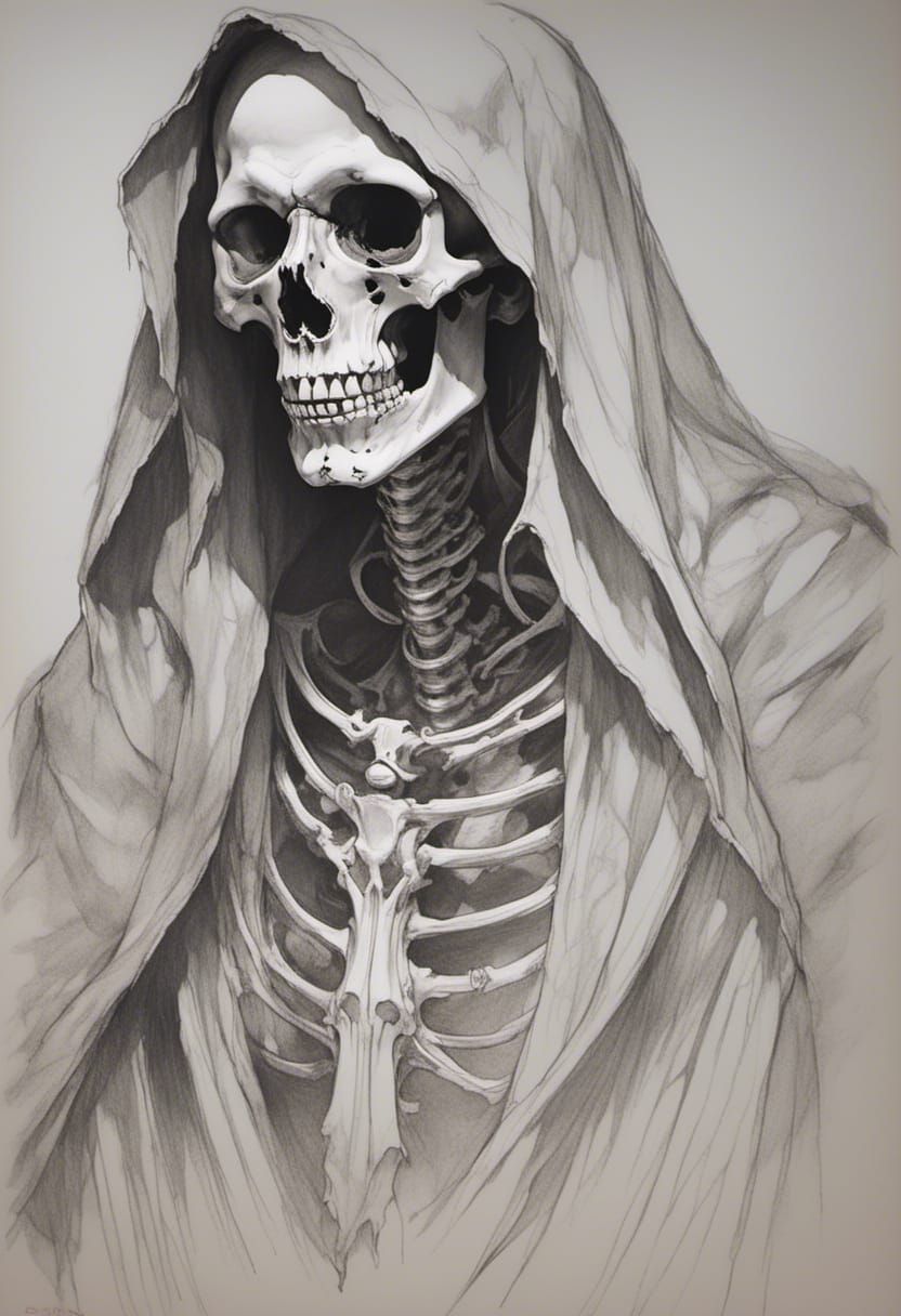 <lora:JLG636:1.0>A pencil charcoal sketch of a close up portrait of death, 
long black cloak, skeleton shadowed face, carrying a scycle, eme...