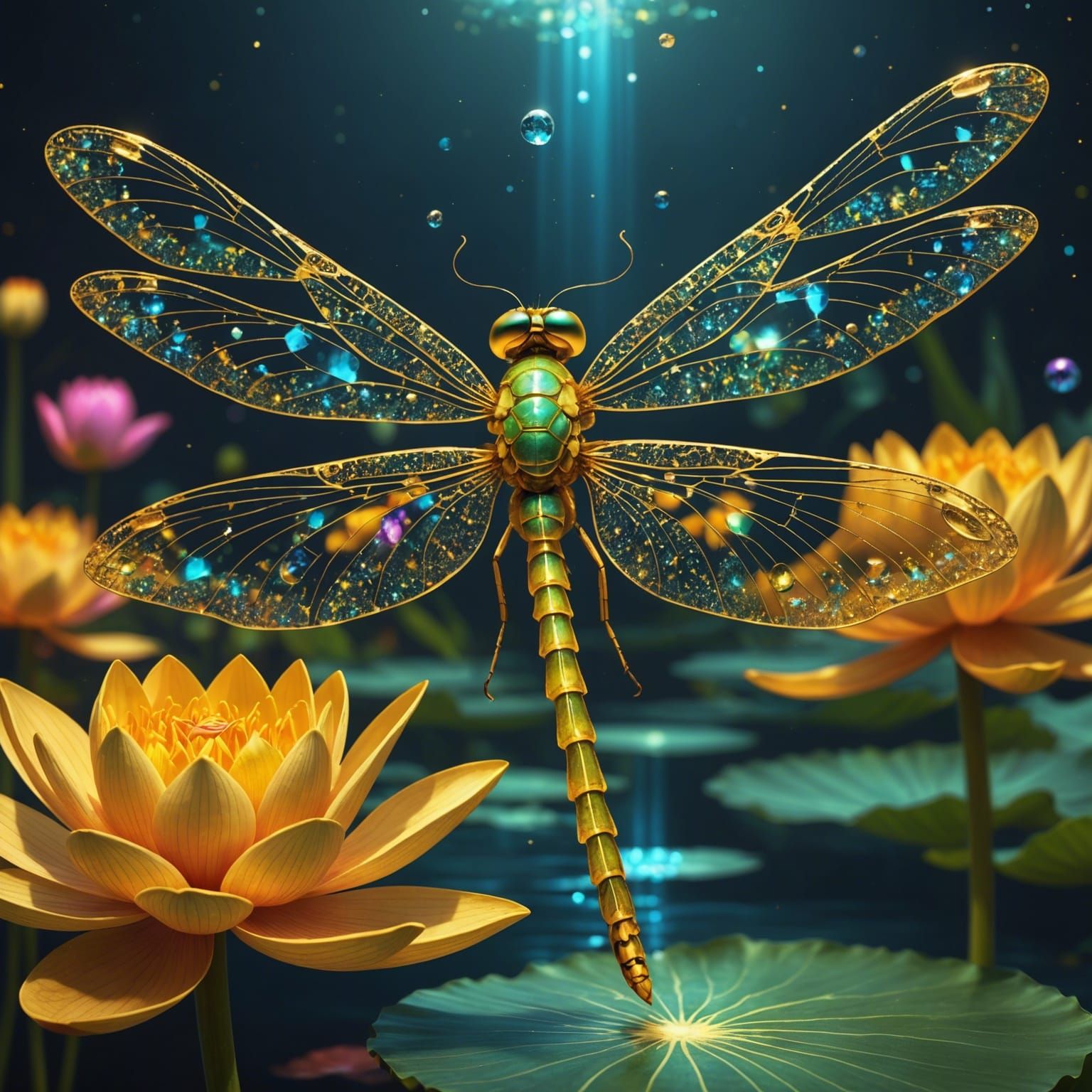A shining gold and crystal dragonfly, hovering over a lotus flower 8k resolution holographic astral cosmic ...  by @AlgorithmicArtist